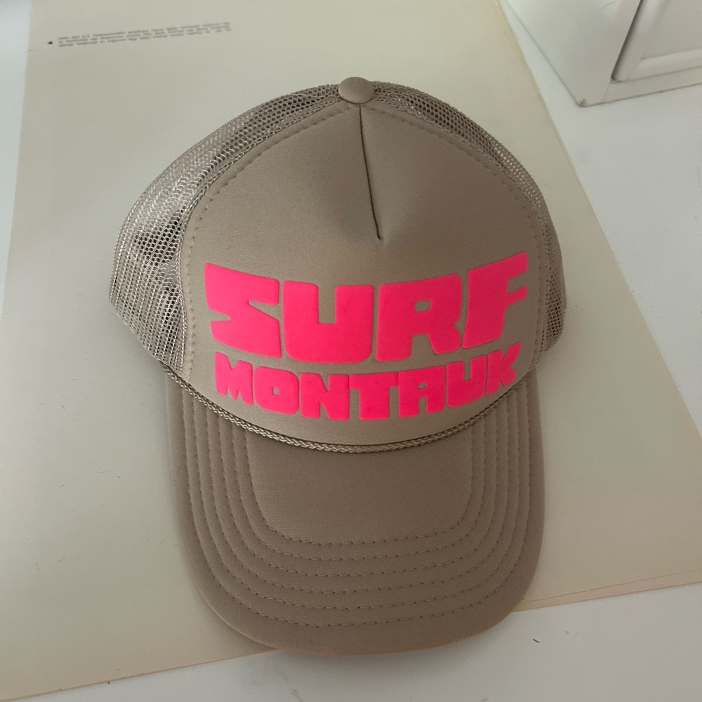 Tan Trucker Hat with Pink Surf Montauk Logo